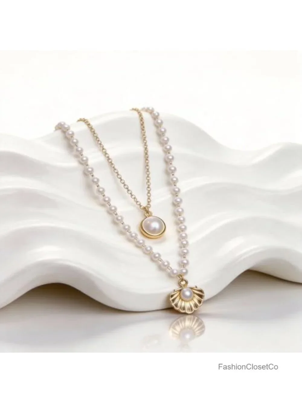 Layered Pearl Shell Necklace Women Boho Coastal Dainty Gold-tone Charm Jewelry